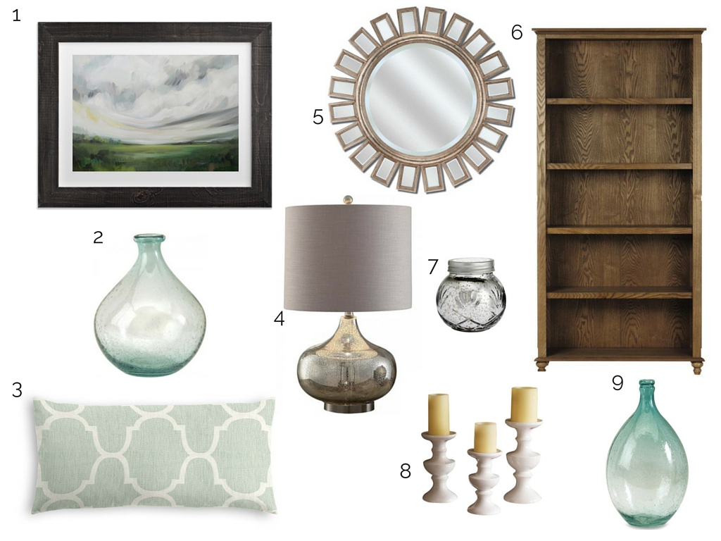 Our favorite pieces from this soothing design include an eye-catching mirror and a seafoam green lumbar pillow. 