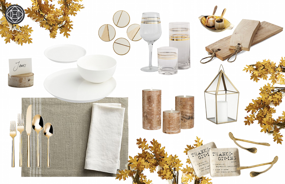 Gold-rimmed glassware & natural wood? Yes, please! Shop this Contemporary Thanksgiving Tablescape, designed by Havenly.