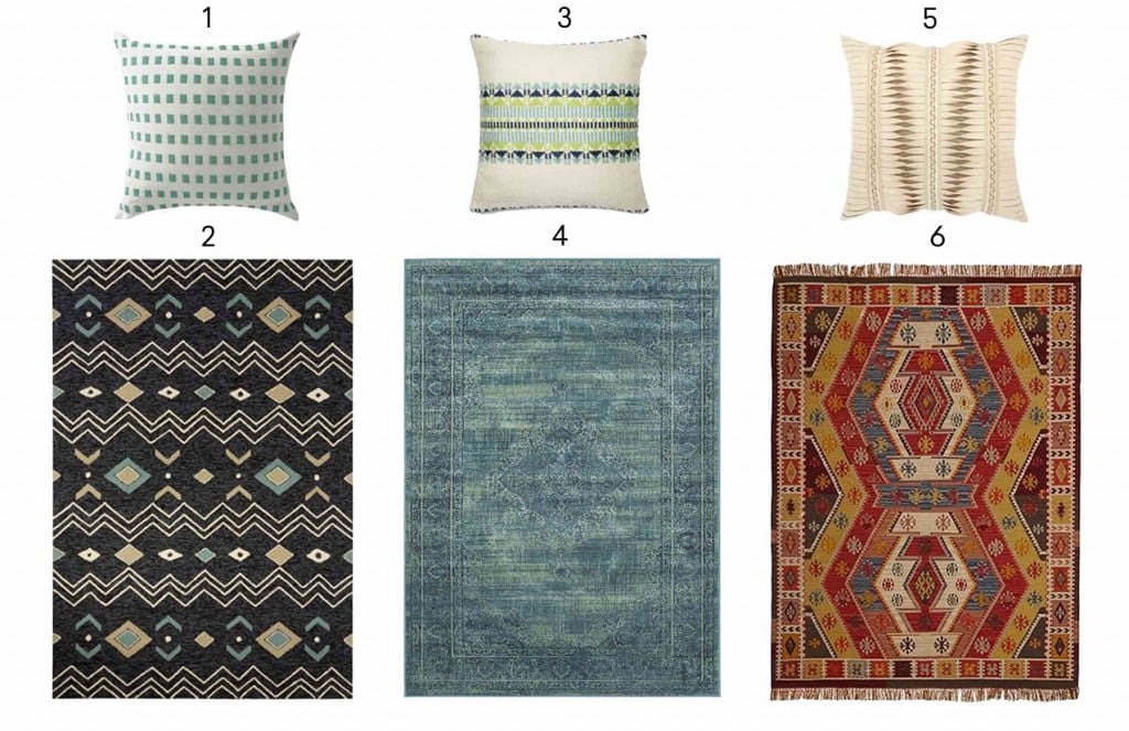 A globally inspired group of outdoor pillows and rugs