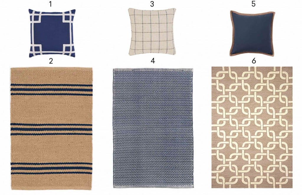 A curated assortment of classic pillows and rugs for outdoor spaces