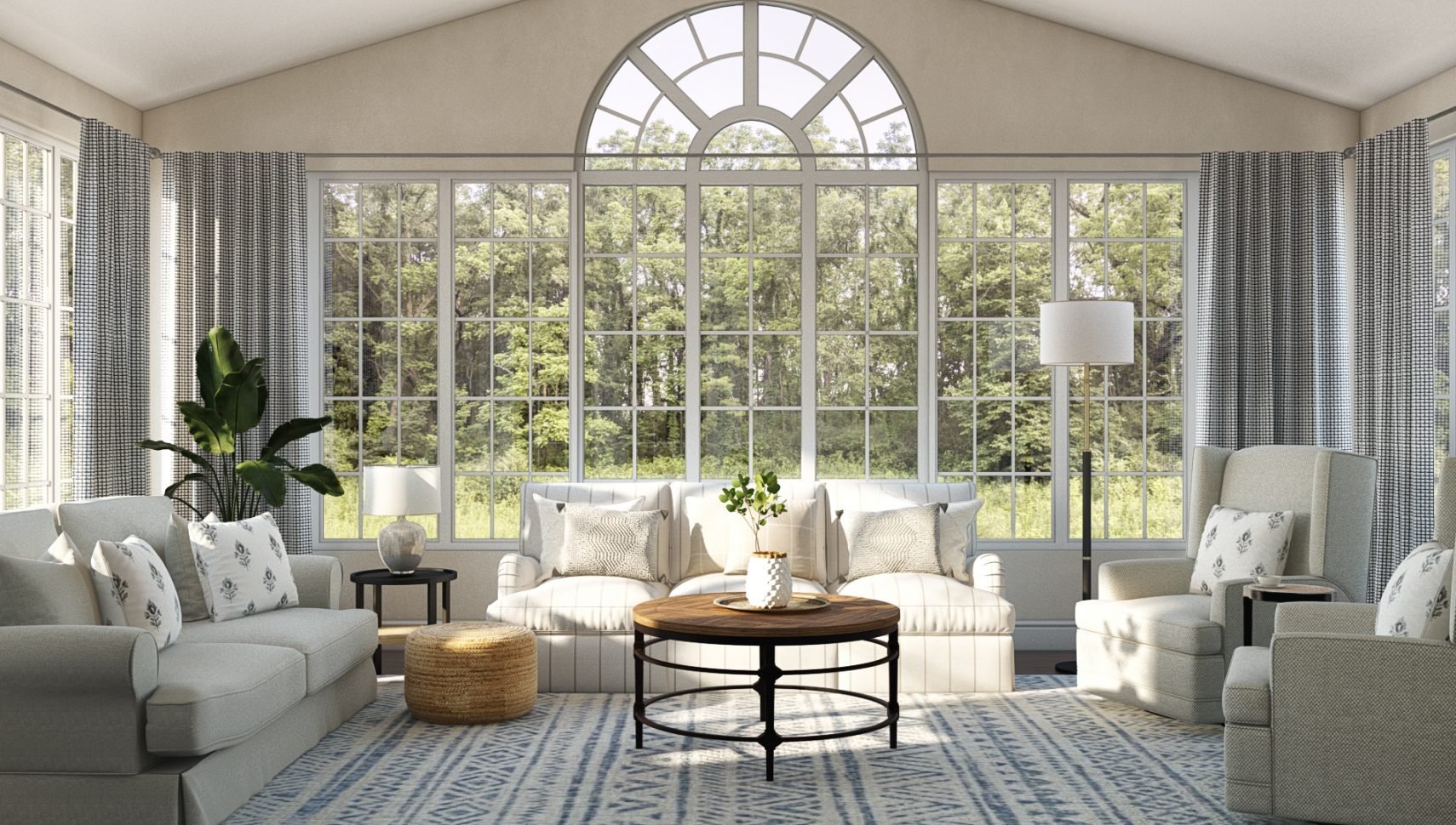 Spacious Neutral Colored Sunroom With Seagrass Pouf
