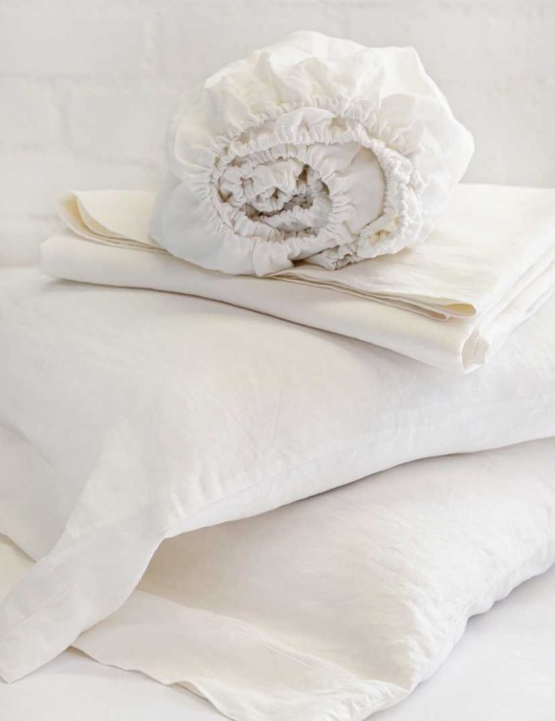 cream linen bed sheets