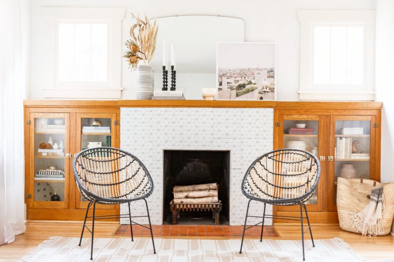 white tile fireplace