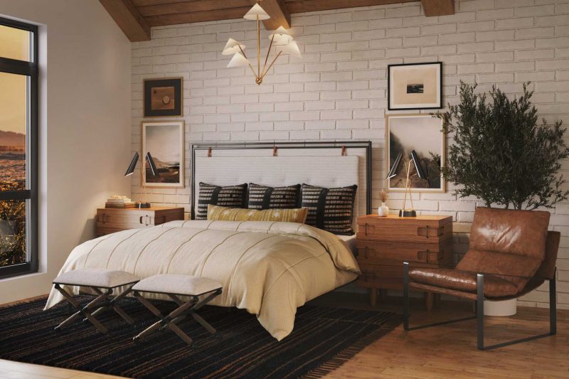 modern bedroom with wood ceilings and black rug