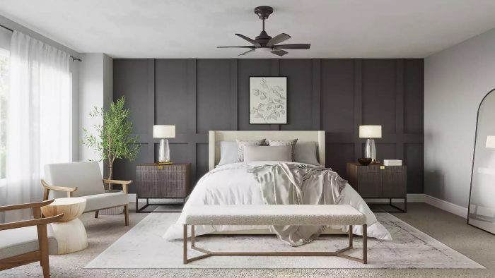 cali cool black bedroom with white bed and chairs