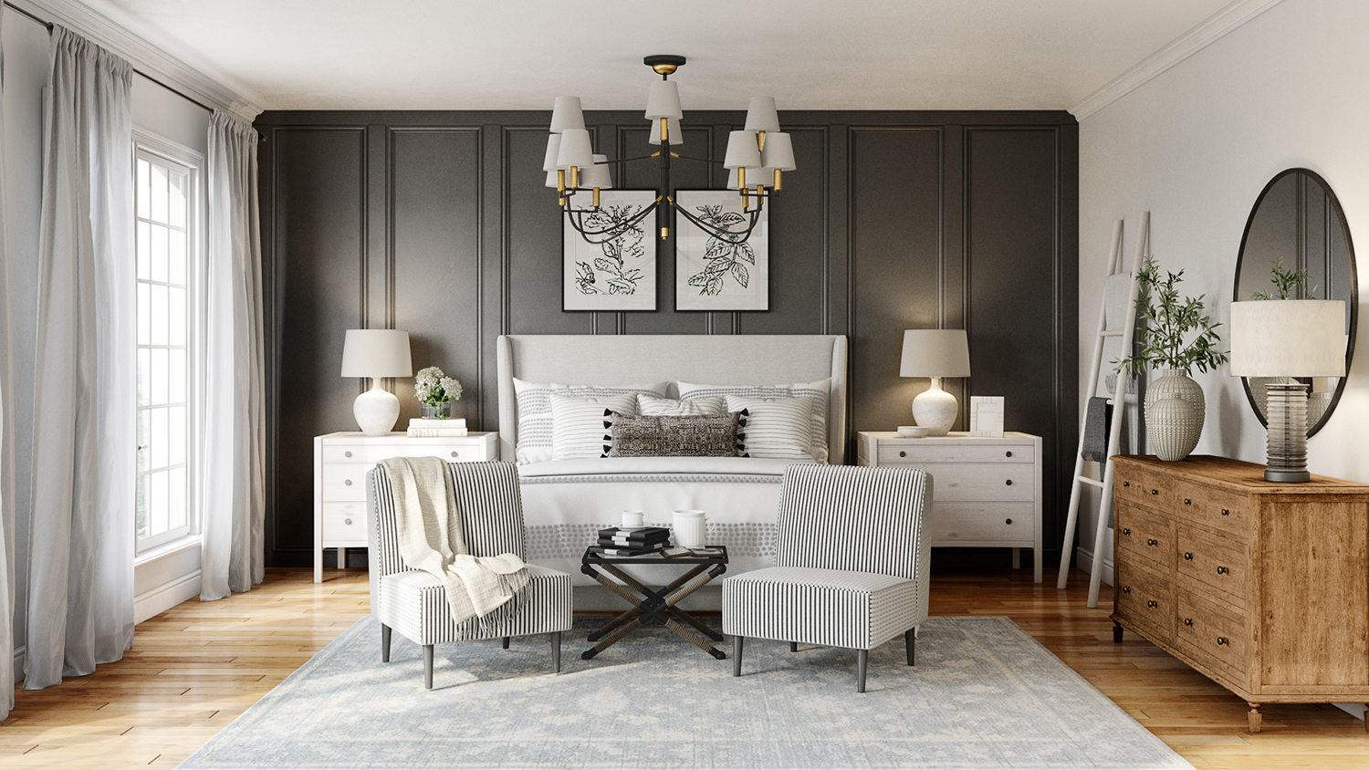 black bedroom with traditional chandelier and bed