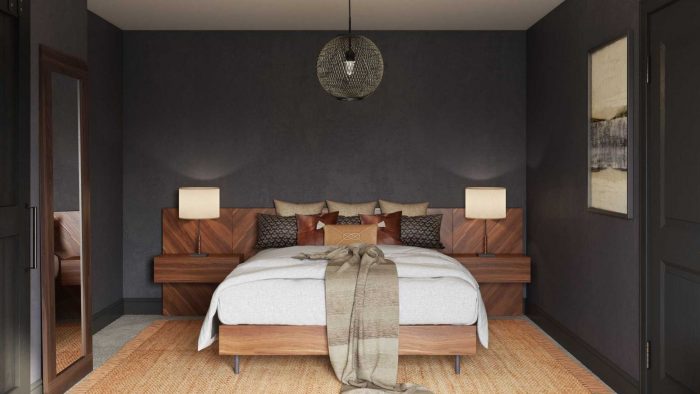 mid-century modern black bedroom with walnut bed