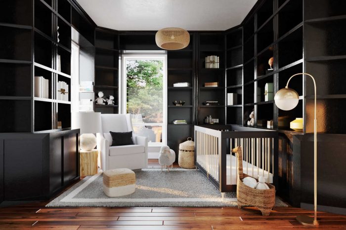 black nursery with white rocking chair and bookshelves