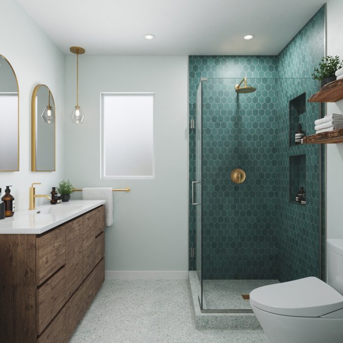 teal scalloped shower tile in modern bathroom