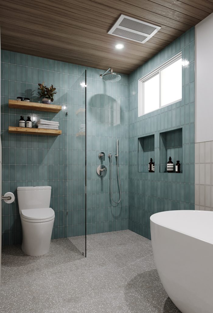 modern bathroom with open shower and blue tile