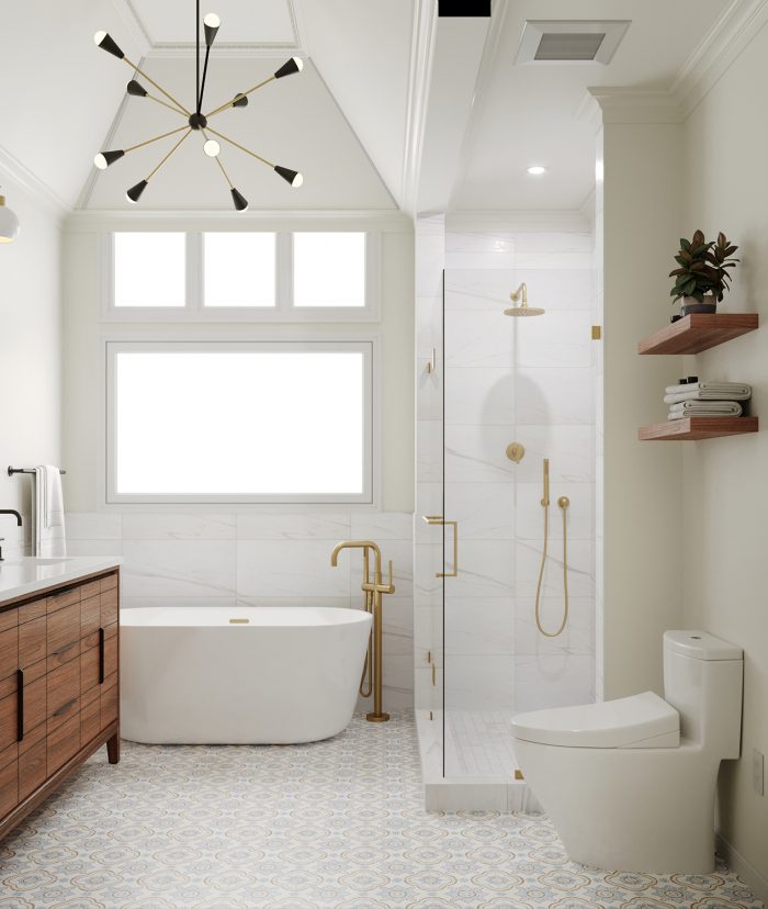soaking tub with patterned floor tile and modern chandelier