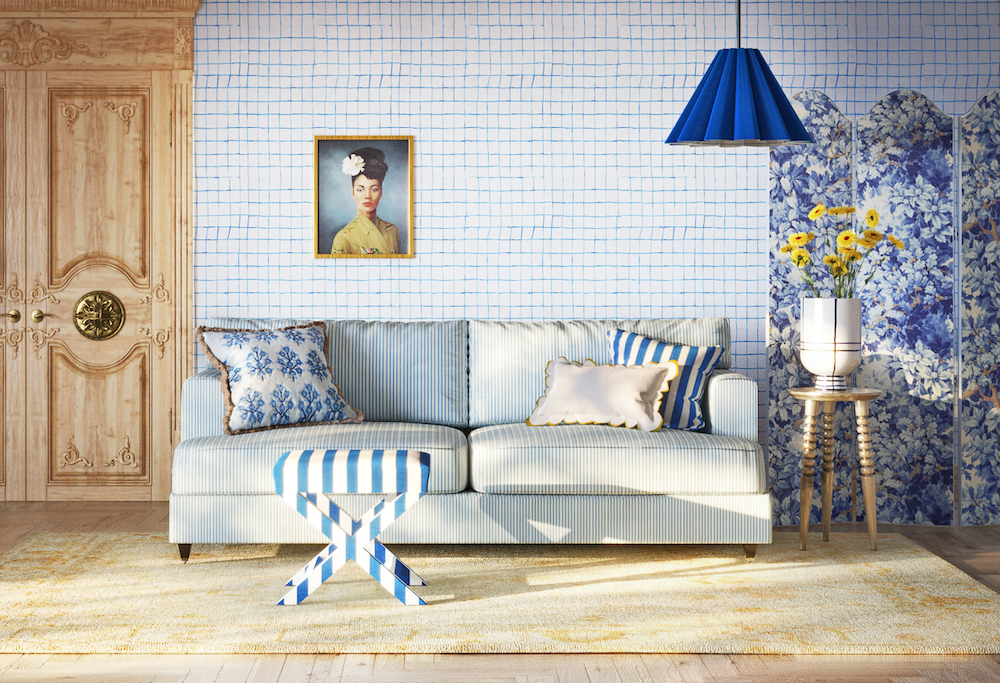 cobalt blue sofa with blue pendant and floral screen