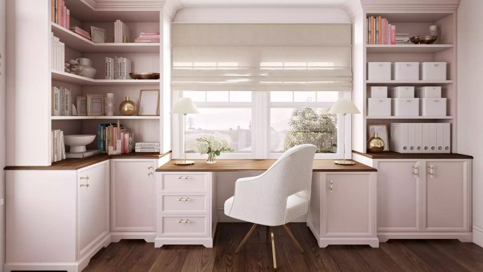 pink desk cabinet accent wall with white modern chair