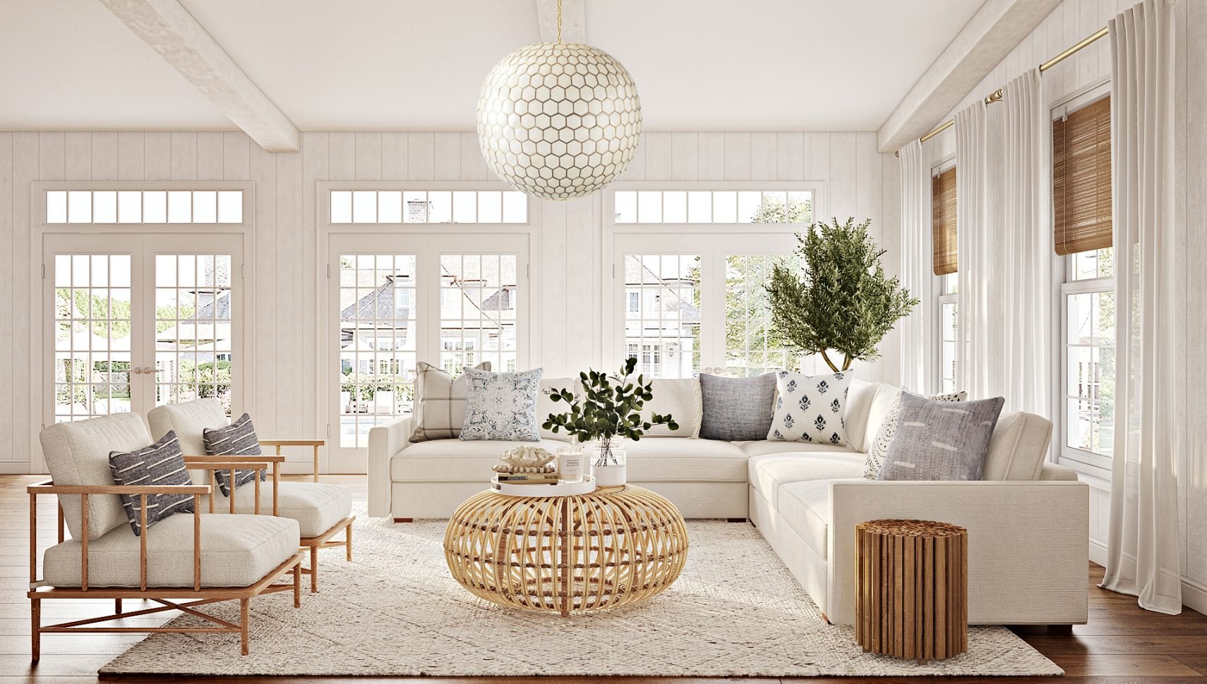 cali cool living room with white sectional and natural accents