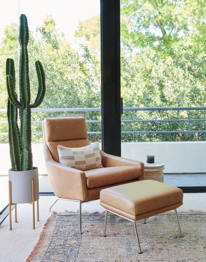 Leather accent chair with cactus and vintage rug