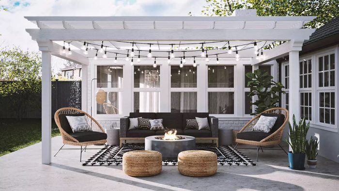 Trellis-covered patio with string lights and modern boho furniture