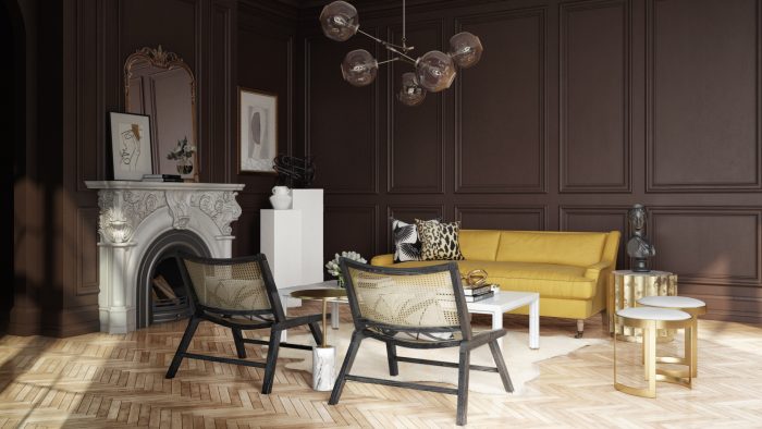 moody brown paint with wall molding in luxe living room