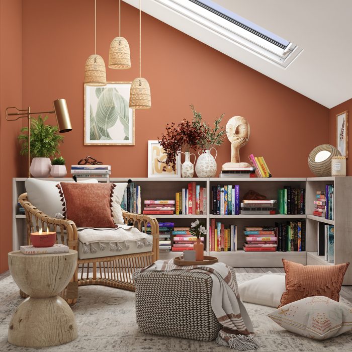terracotta paint in reading nook with boho decor