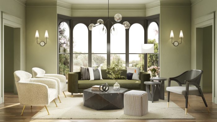 chartreuse paint in sophisticated living room with green velvet sofa and boucle chairs