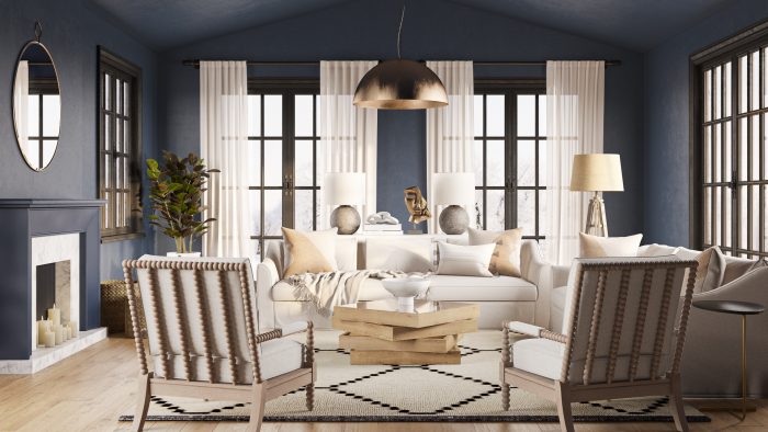 navy paint in living room with white sofa and chairs and modern rug