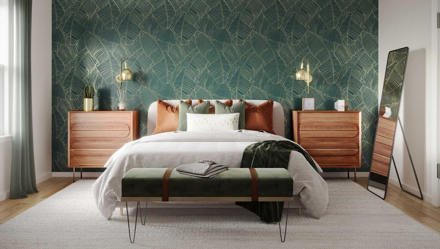 modern low bed with wooden nightstands and accent wallpaper