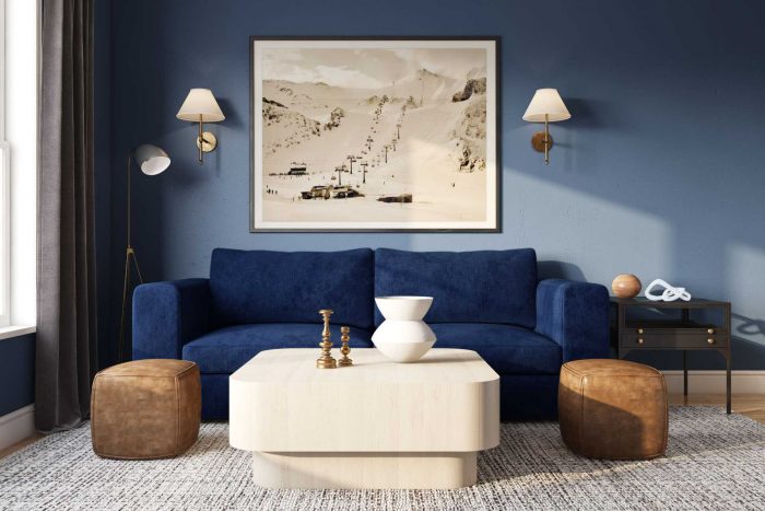 cobalt blue paint in modern living room with blue velvet sofa