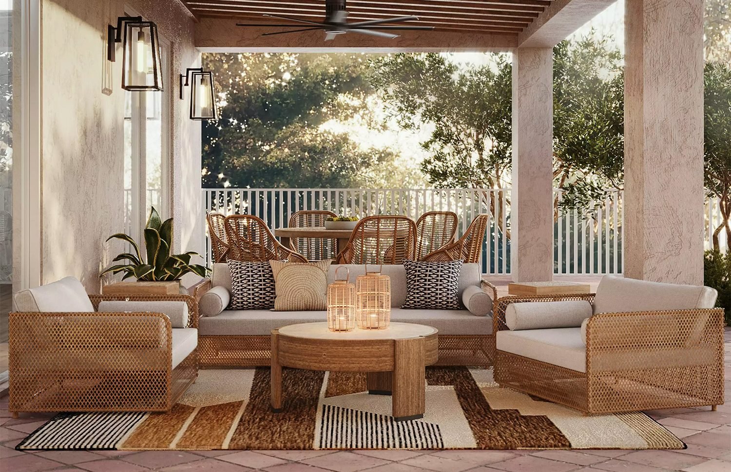 covered patio with rattan furniture and modern rug