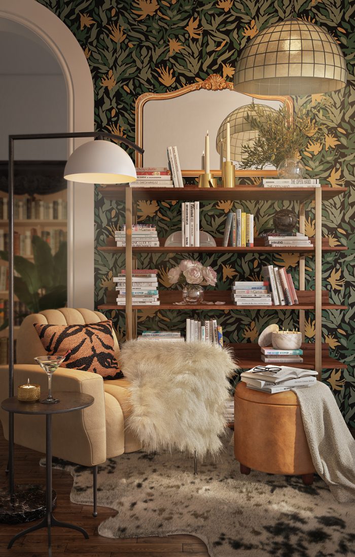 bold wallpaper with reading chair