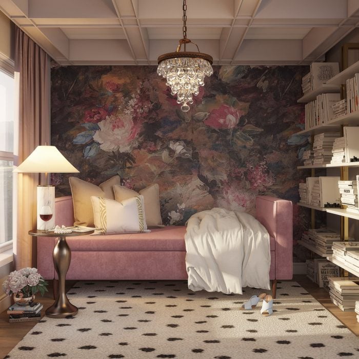 moody floral wallpaper with bookcase