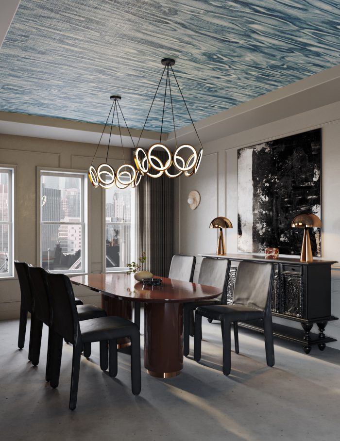 Surface contemporary dining room with wallpaper ceiling