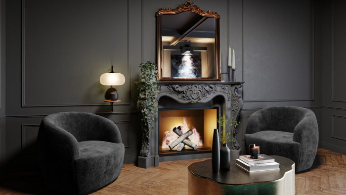 black fireplace with black paint walls