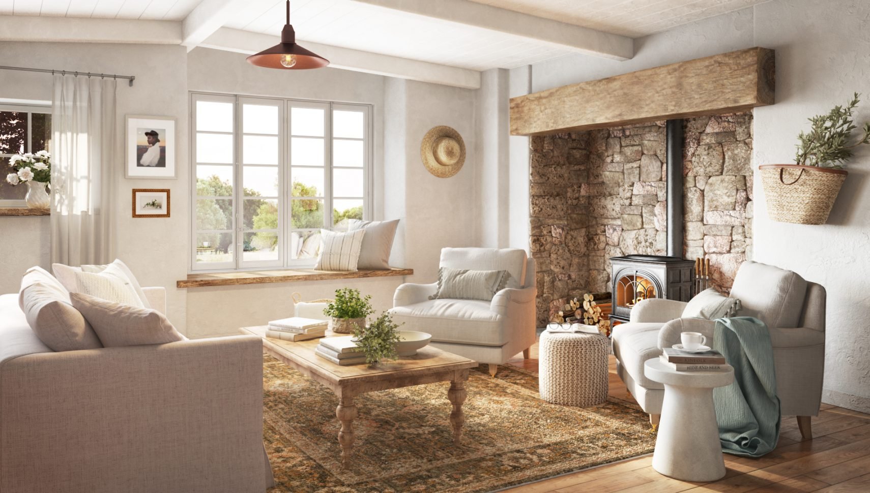 modern cottage living room with fireplace