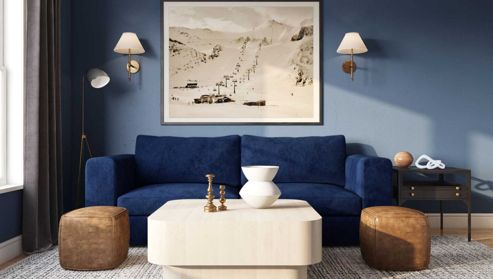 dusty blue living room with modern furniture